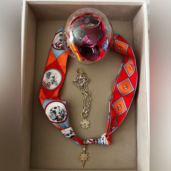 Knotted Scarf, Twilly-Like Charm Necklace- 2 Sided Print -Orange, Red & Blue - Picture 1 of 1